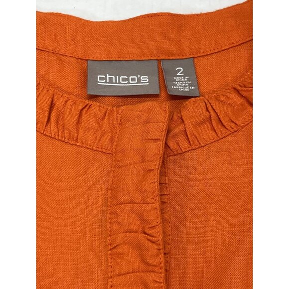 Chicos Jacket Blazer Women M Orange Linen Ruffle Trim Snap Front Office Career - Picture 8 of 8